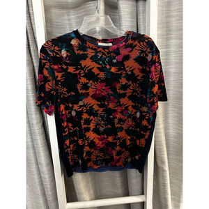 Zara Trafaluc Orange Navy Floral Velvet Short Sleeve Tee S